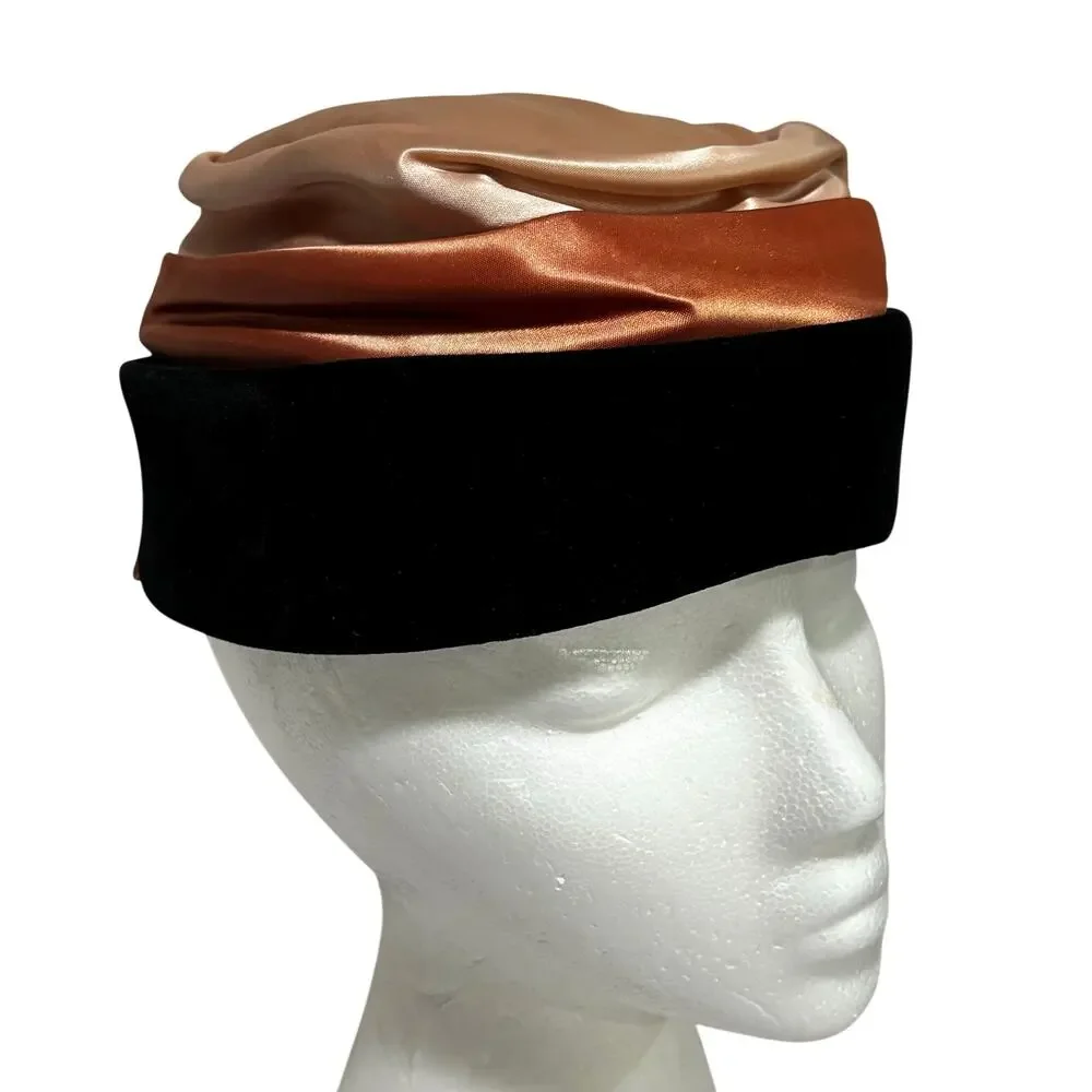 Vintage Turban Pillbox hat two toned pink blush satin & black velvet Size 22
